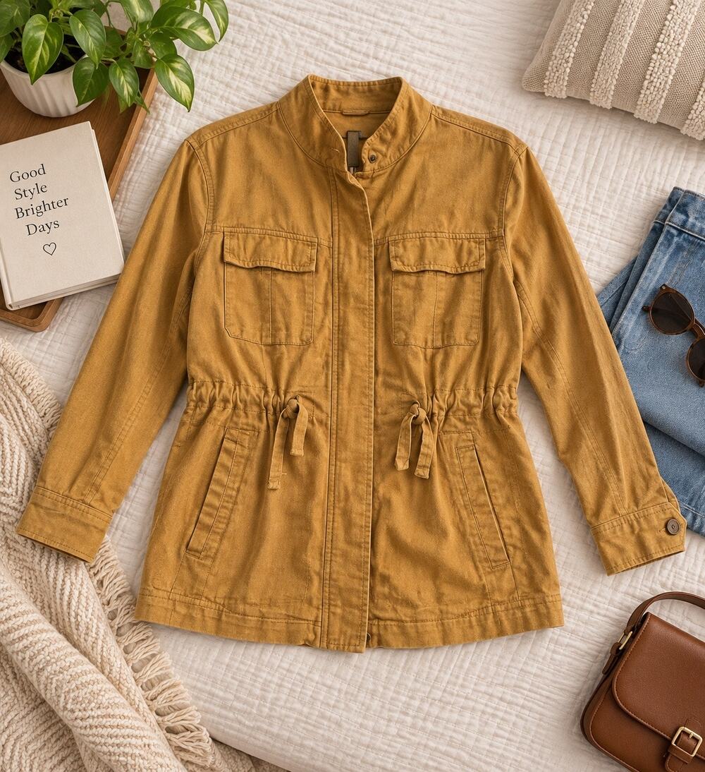 Old Navy Women’s Small Tan Linen Blend Utility Safari Jacket Drawstring Waist